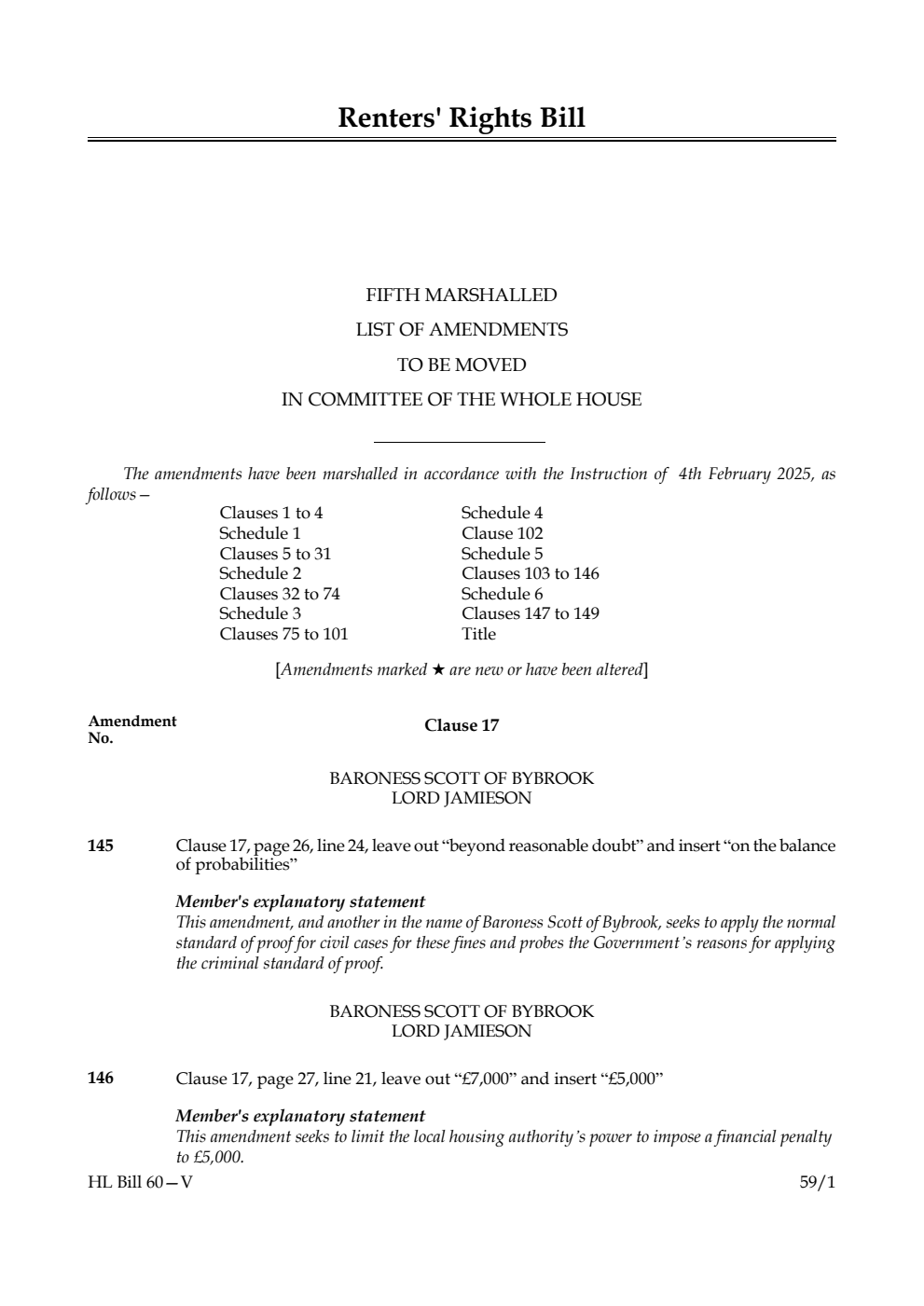 Renters' Rights Bill Fifth Marshalled List of amendments to be moved in Committee of the Whole House