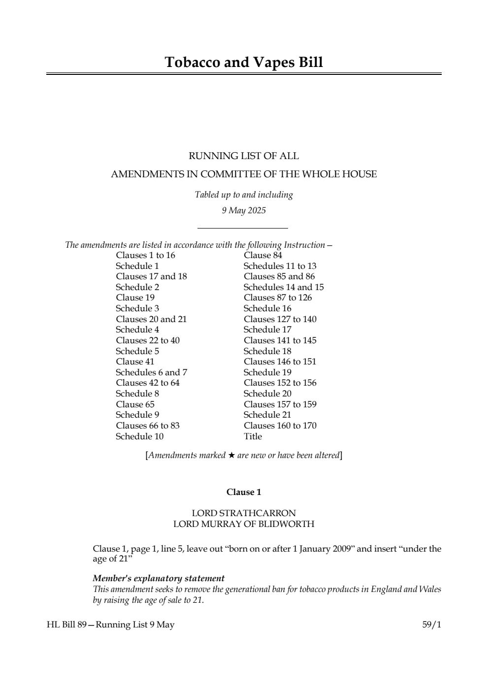 Tobacco and Vapes Bill Running List of all amendments in Committee of the Whole House tabled up to and including 9 May 2025