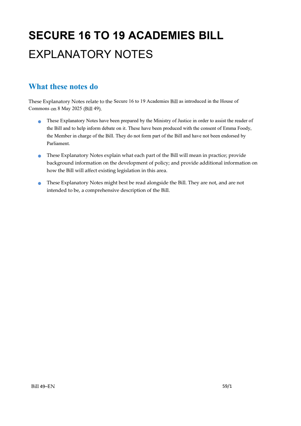 Secure 16 to 19 Academies Bill Explanatory Notes