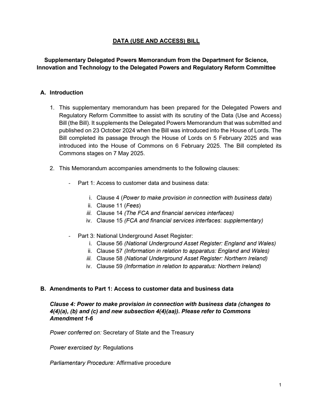 Data (Use and Access) Bill Supplementary Delegated Powers Memorandum from the Department for Science, Innovation and Technology to the Delegated Powers and Regulatory Reform Committee
