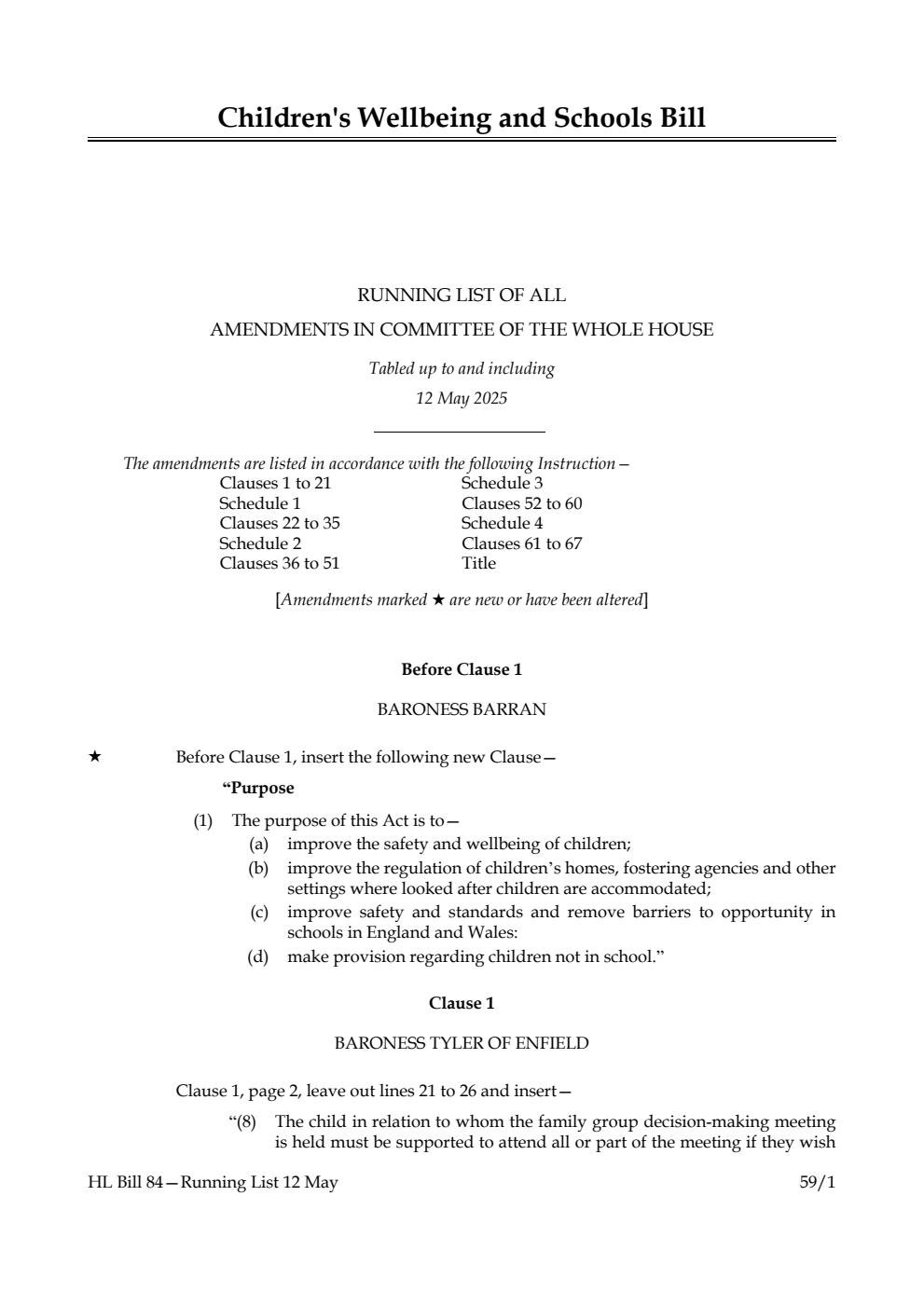 Children's Wellbeing and Schools Bill Running List of all amendments in Committee of the Whole House tabled up to and including 12 May 2025