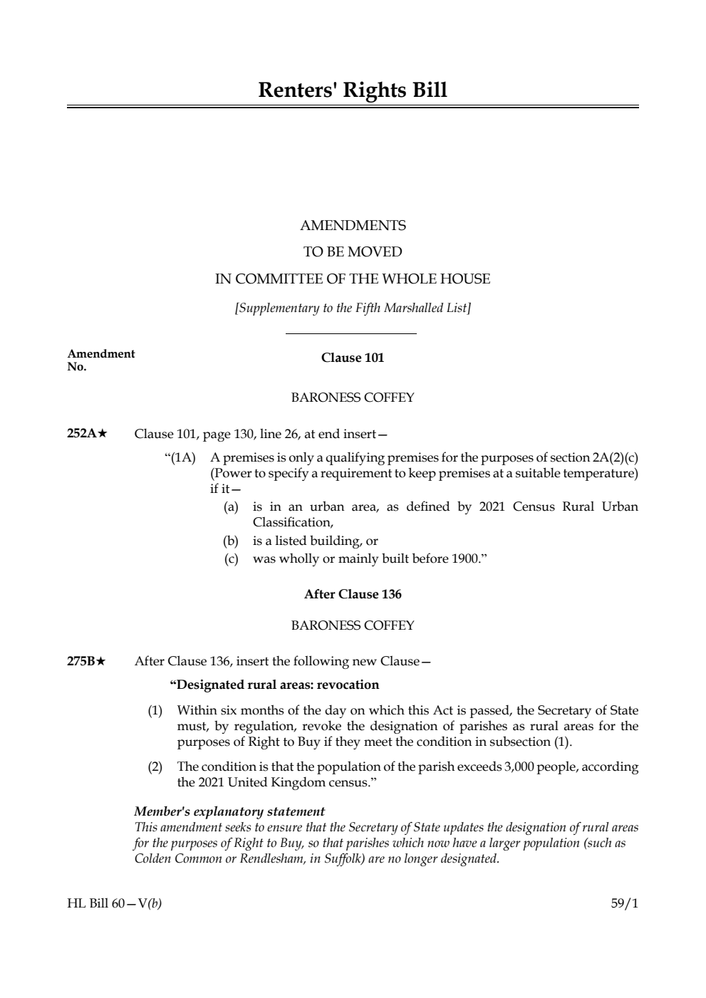 Renters' Rights Bill Amendments to be moved in Committee of the Whole House [Supplementary to the Fifth Marshalled List]