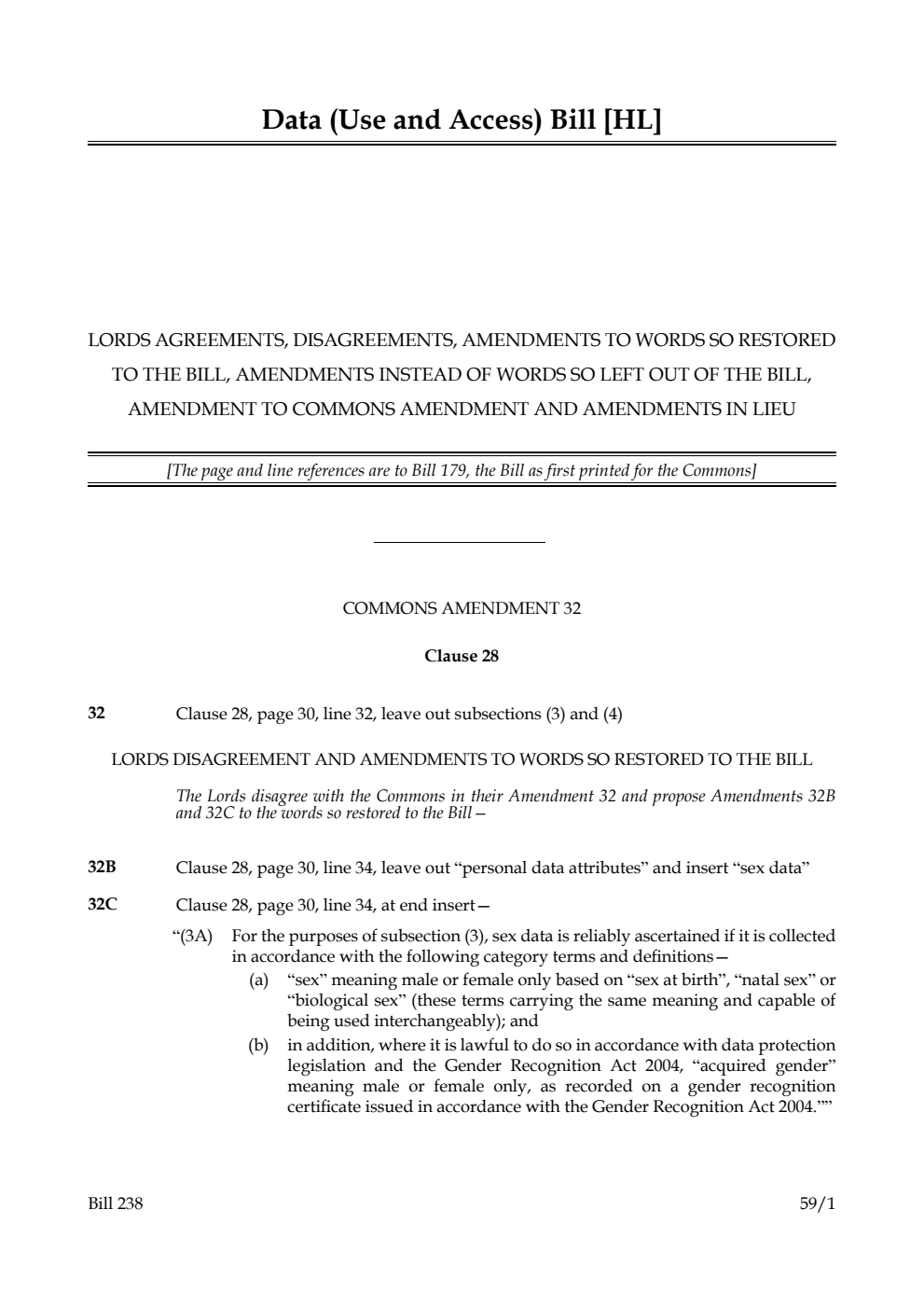 Data (Use and Access) Bill Lords agreements, disagreements, amendments to words so restored to the Bill, amendments instead of words so left out of the Bill, amendment to Commons amendment and amendments in lieu