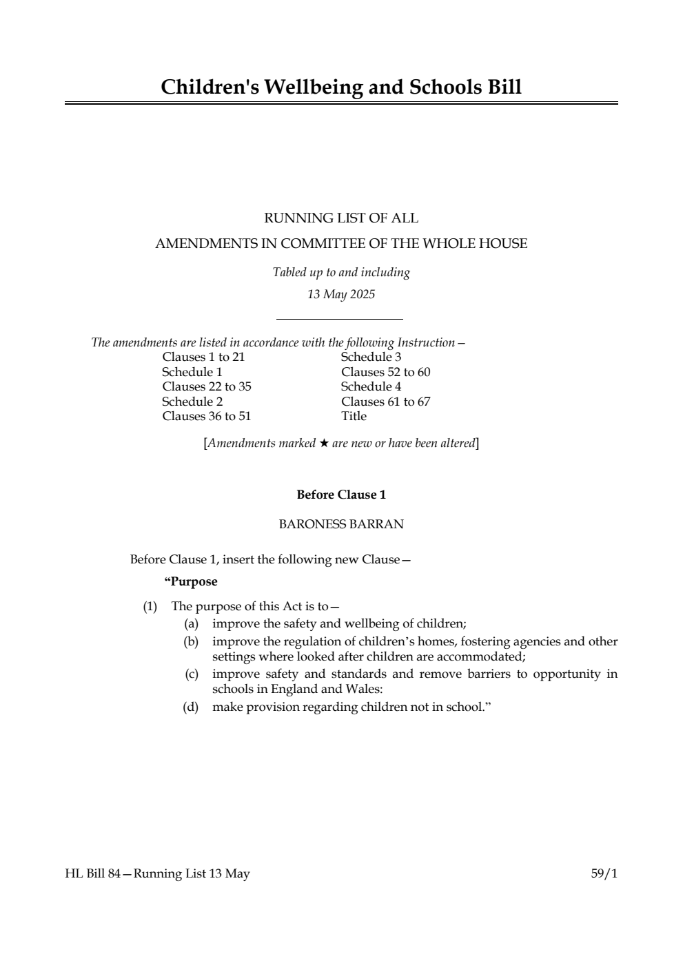 Children's Wellbeing and Schools Bill Running List of all amendments in Committee of the Whole House tabled up to and including 13 May 2025