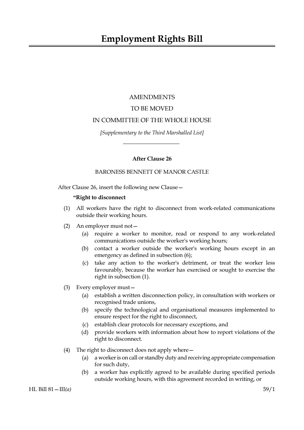 Employment Rights Bill Amendments to be moved in Committee of the Whole House [Supplementary to the Third Marshalled List]