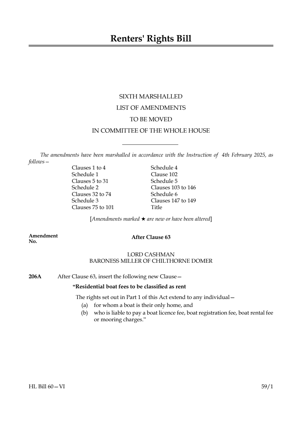 Renters' Rights Bill Sixth Marshalled List of amendments to be moved in Committee of the Whole House