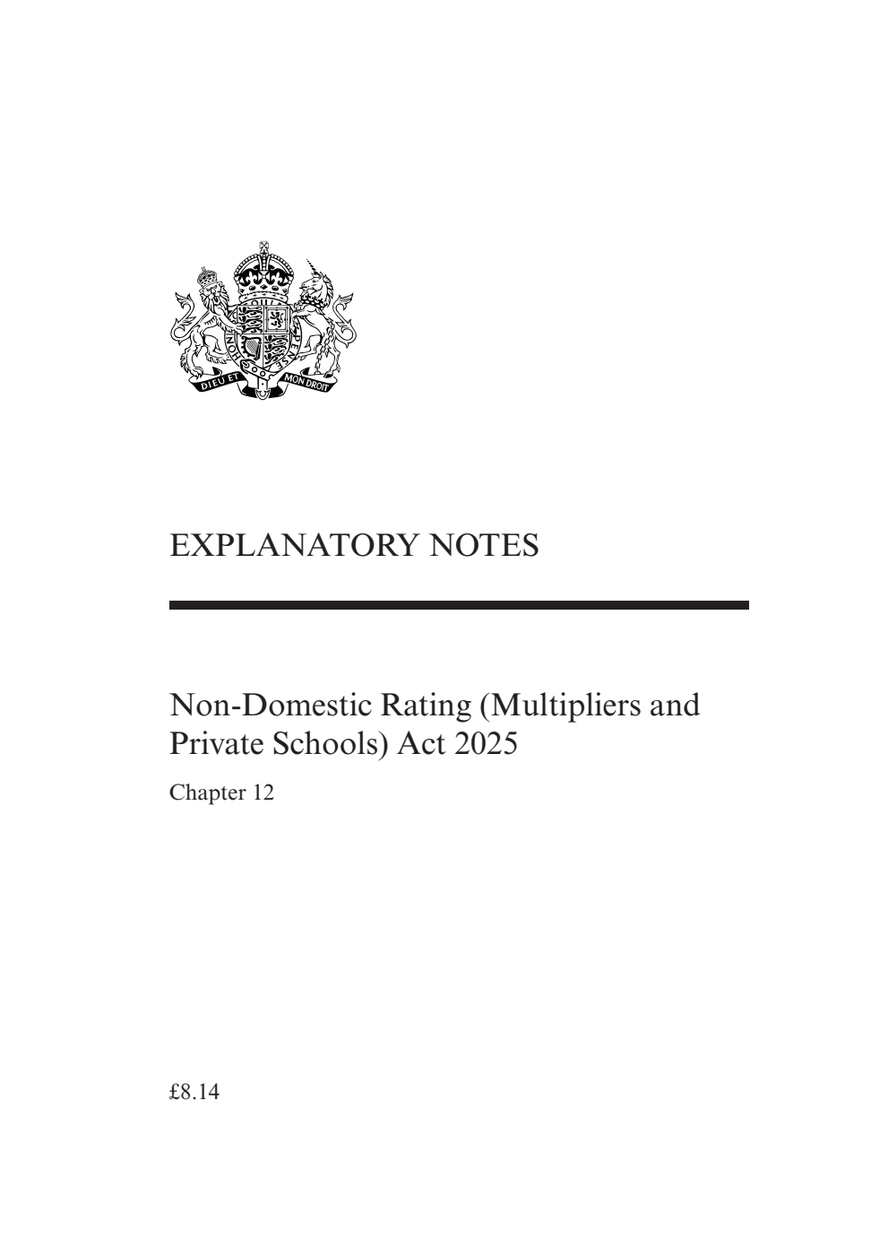 Non-Domestic Rating (Multipliers and Private Schools) Act 2025: Chapter 12 Explanatory Notes