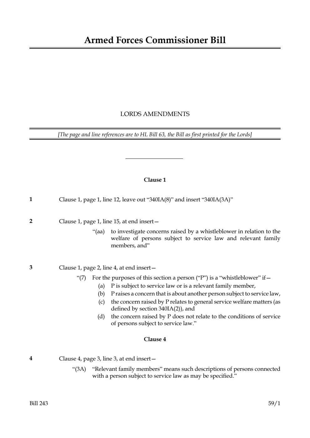 Armed Forces Commissioner Bill Lords Amendments
