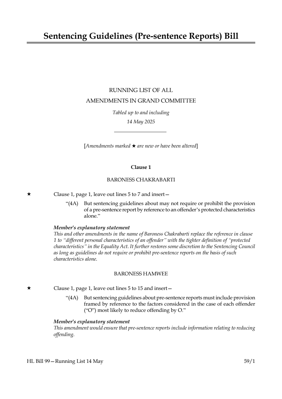 Sentencing Guidelines (Pre-sentence Reports) Bill Running List of all amendments in Grand Committee tabled up to and including 14 May 2025