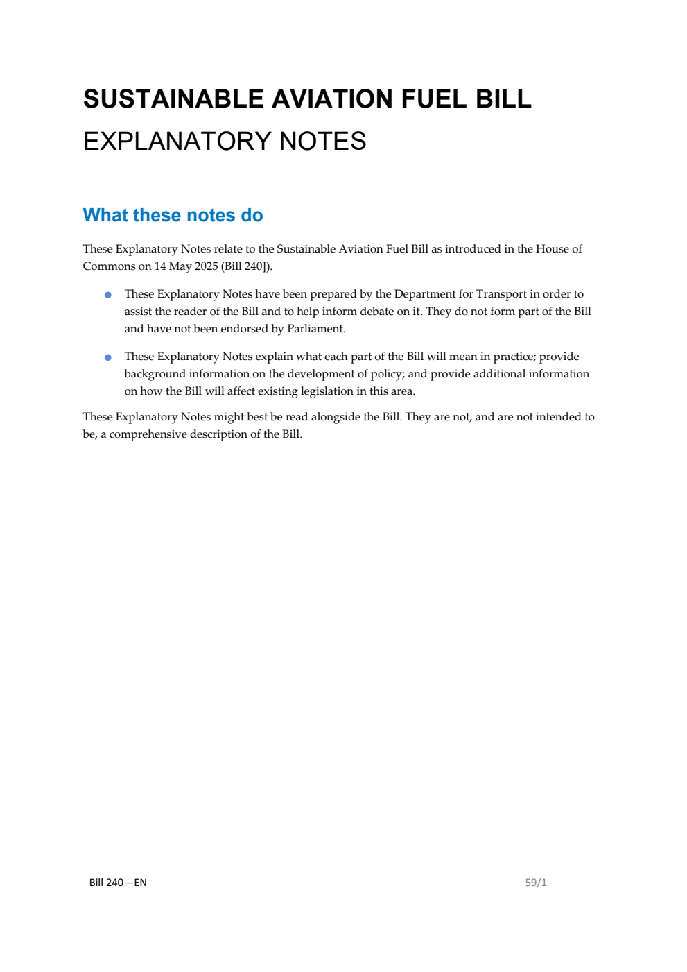 Sustainable Aviation Fuel Bill Explanatory Notes