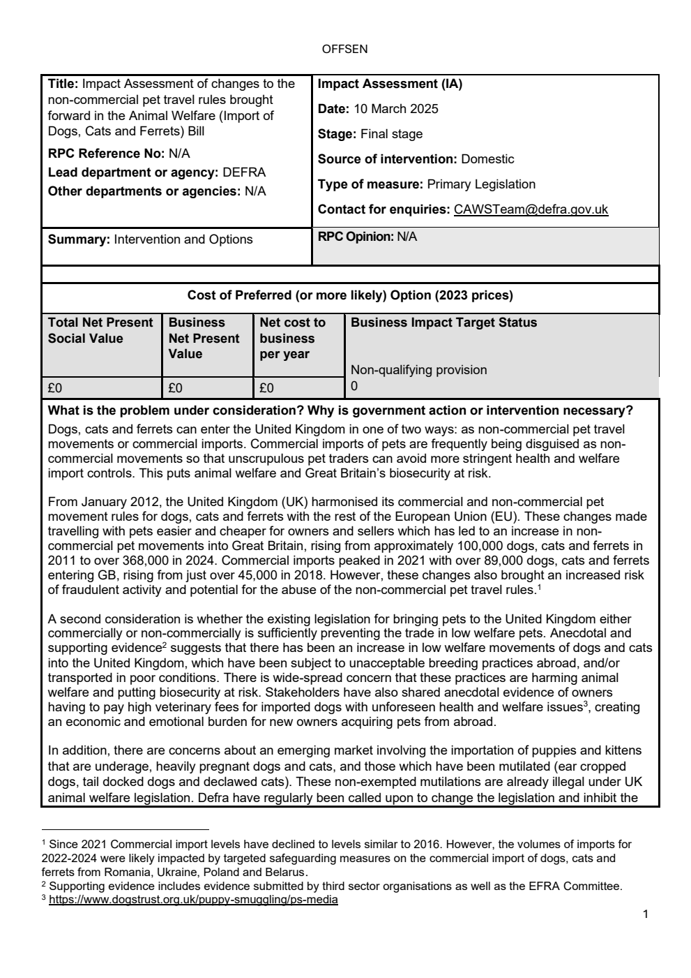 Animal Welfare (Import of Dogs, Cats and Ferrets) Bill - Impact Assessment