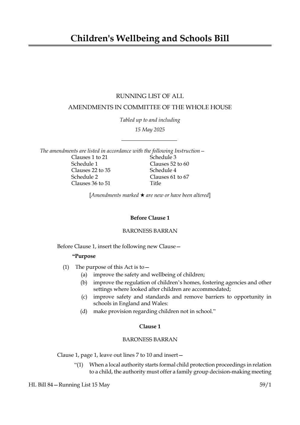 Children's Wellbeing and Schools Bill Running List of all amendments in Committee of the Whole House tabled up to and including 15 May 2025