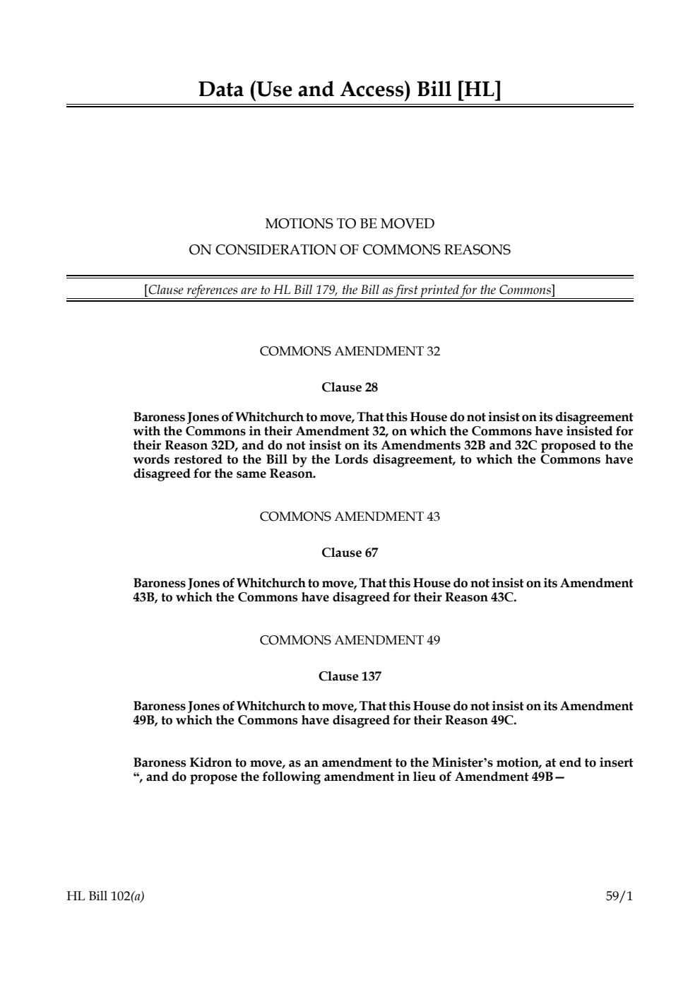 Data (Use and Access) Bill Motions to be moved on consideration of Commons reasons