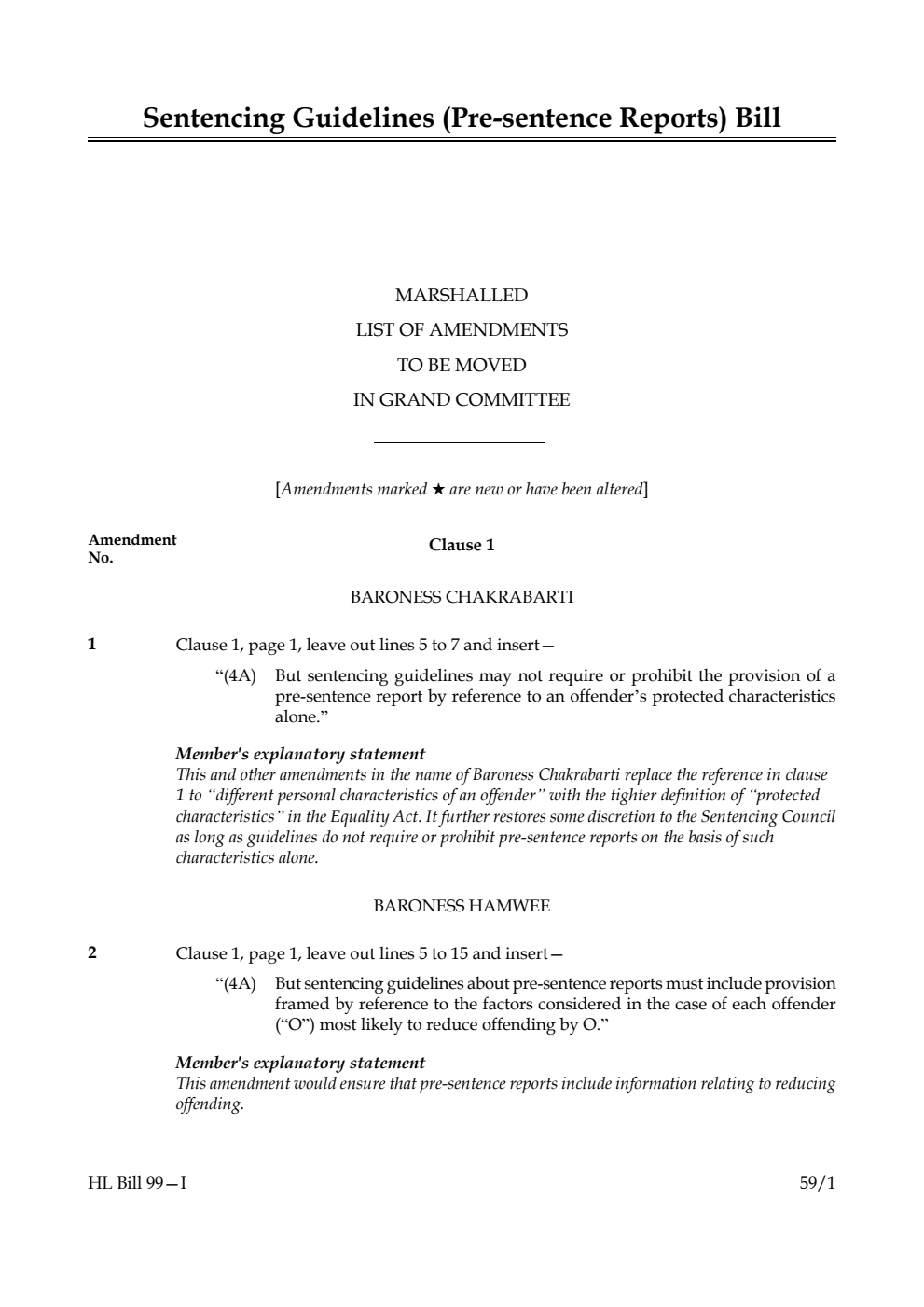 Sentencing Guidelines (Pre-sentence Reports) Bill Marshalled List of amendments to be moved in Grand Committee