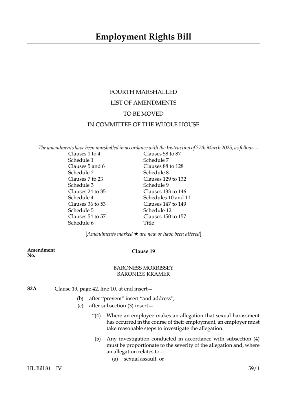 Employment Rights Bill Fourth Marshalled List of amendments to be moved in Committee of the Whole House