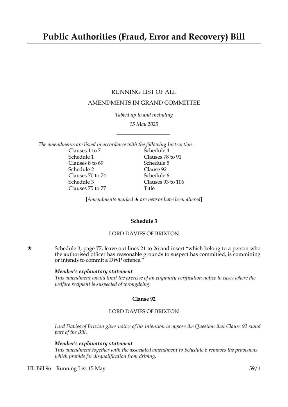 Public Authorities (Fraud, Error and Recovery) Bill Running List of all amendments in Grand Committee tabled up to and including 15 May 2025