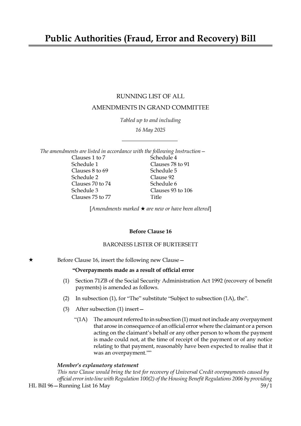 Public Authorities (Fraud, Error and Recovery) Bill Running List of all amendments in Grand Committee tabled up to and including 16 May 2025