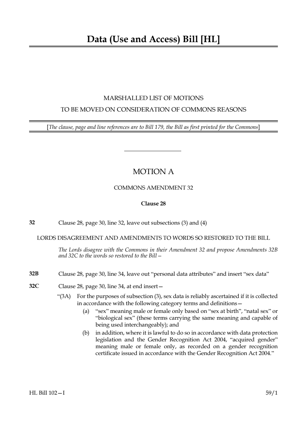 Data (Use and Access) Bill Marshalled List of motions to be moved on consideration of Commons reasons