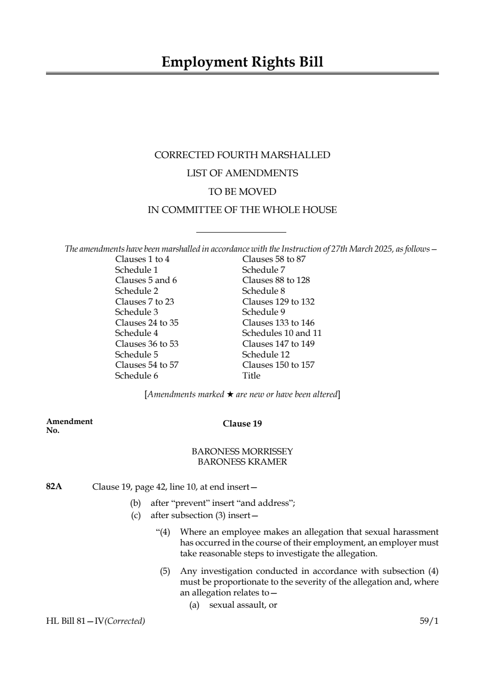 Employment Rights Bill Corrected Fourth Marshalled List of amendments to be moved in Committee of the Whole House