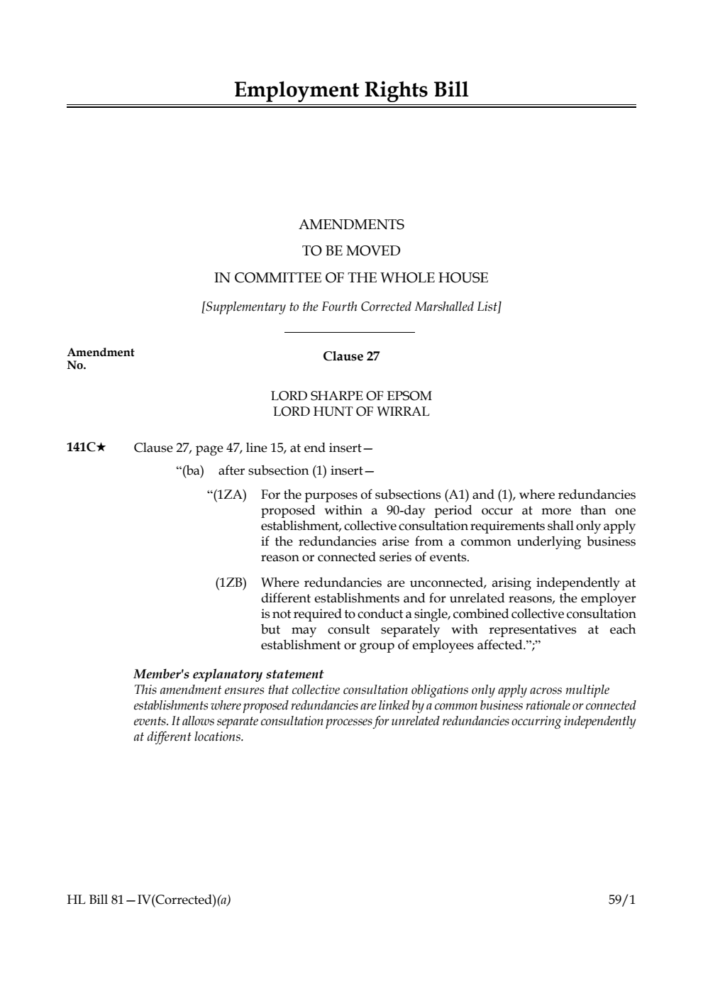 Employment Rights Bill Amendments to be moved in Committee of the Whole House [Supplementary to the Fourth Corrected Marshalled List]
