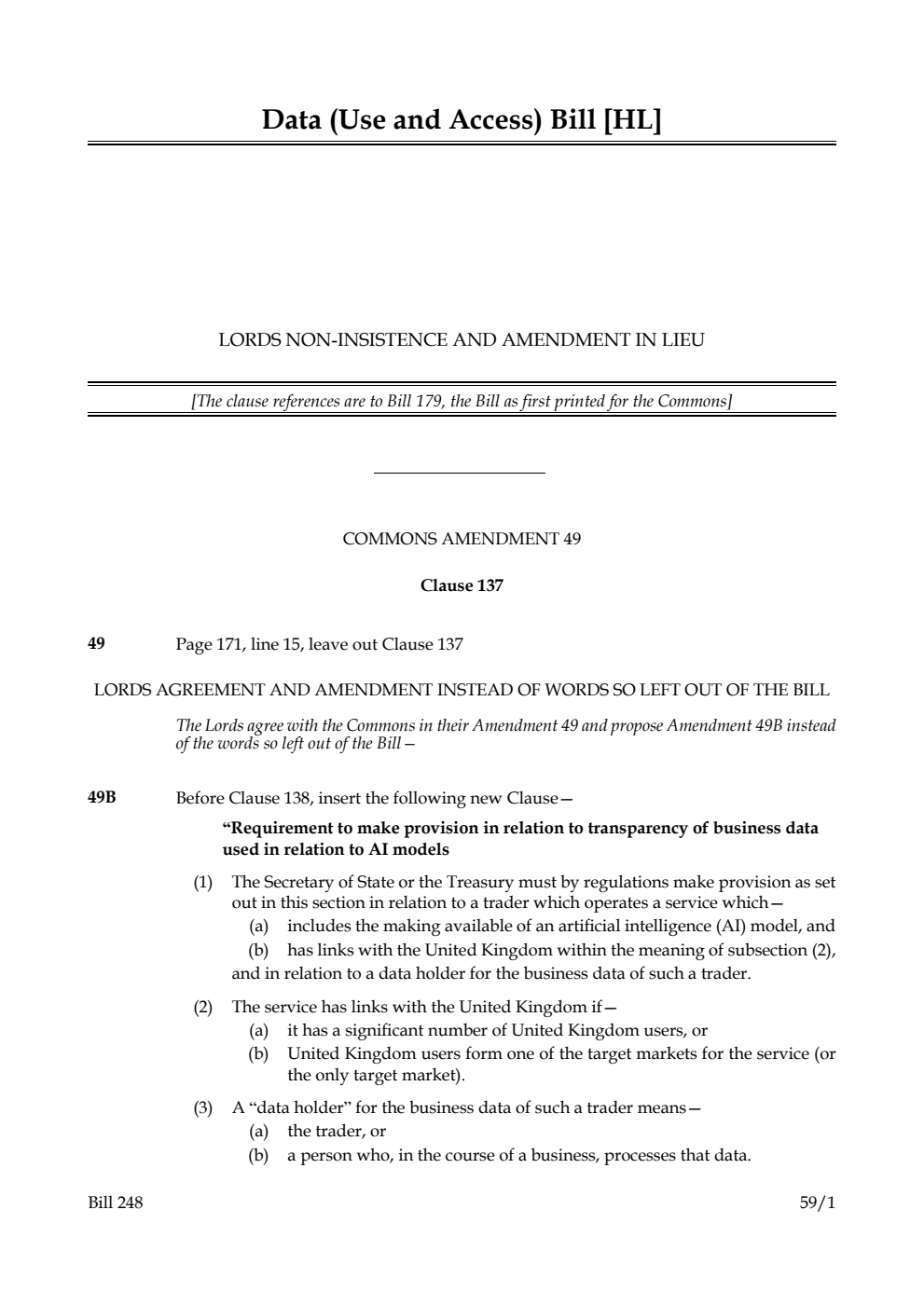 Data (Use and Access) Bill Lords non-insistence and amendment in lieu