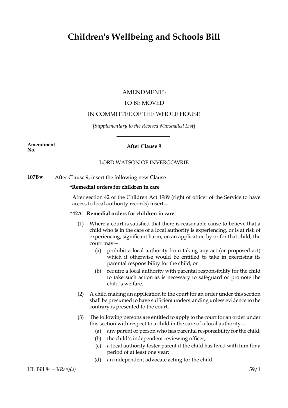Children's Wellbeing and Schools Bill Amendments to be moved in Committee of the Whole House [Supplementary to the Revised Marshalled List] 