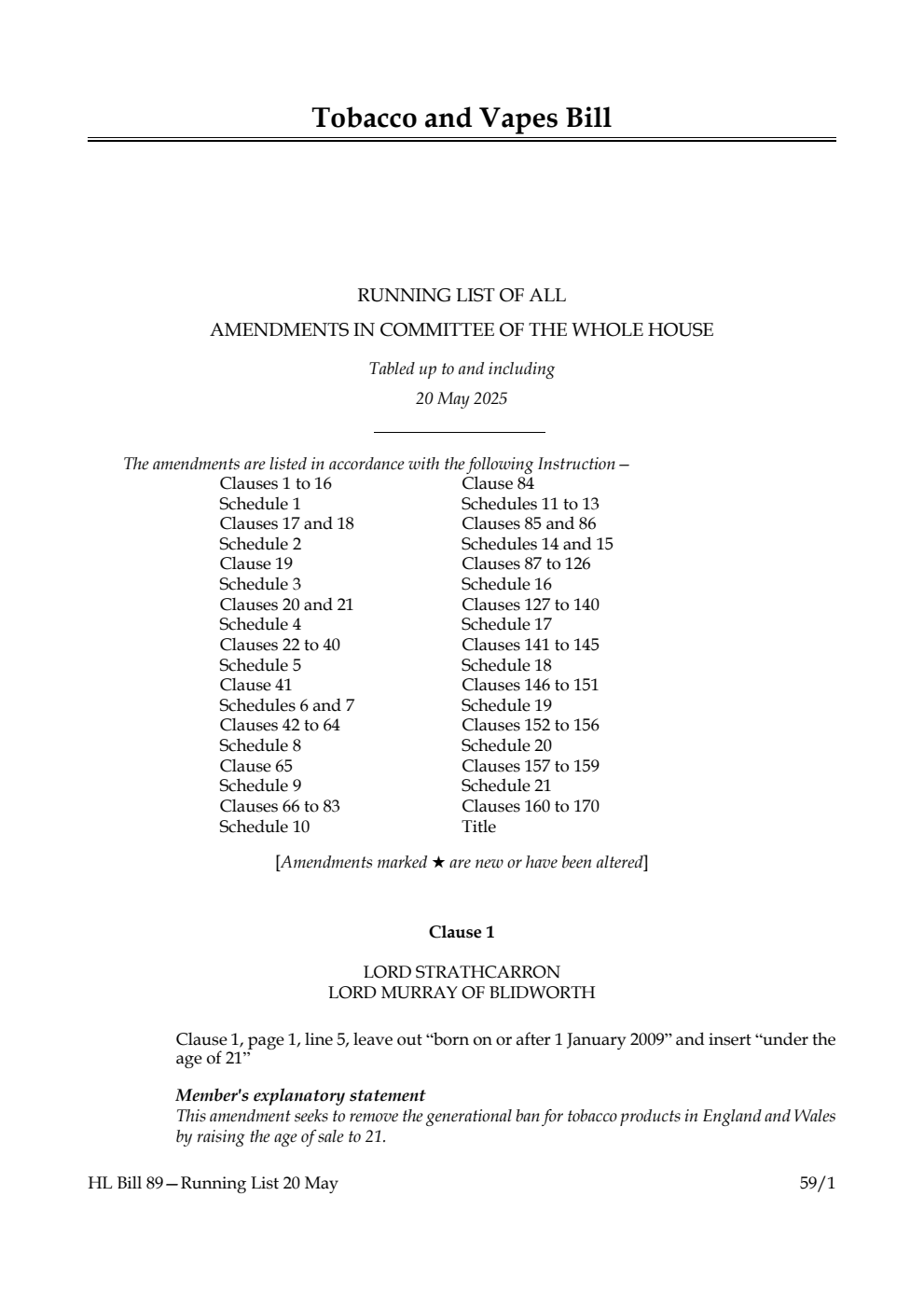 Tobacco and Vapes Bill Running List of all amendments in Committee of the Whole House tabled up to and including 20 May 2025
