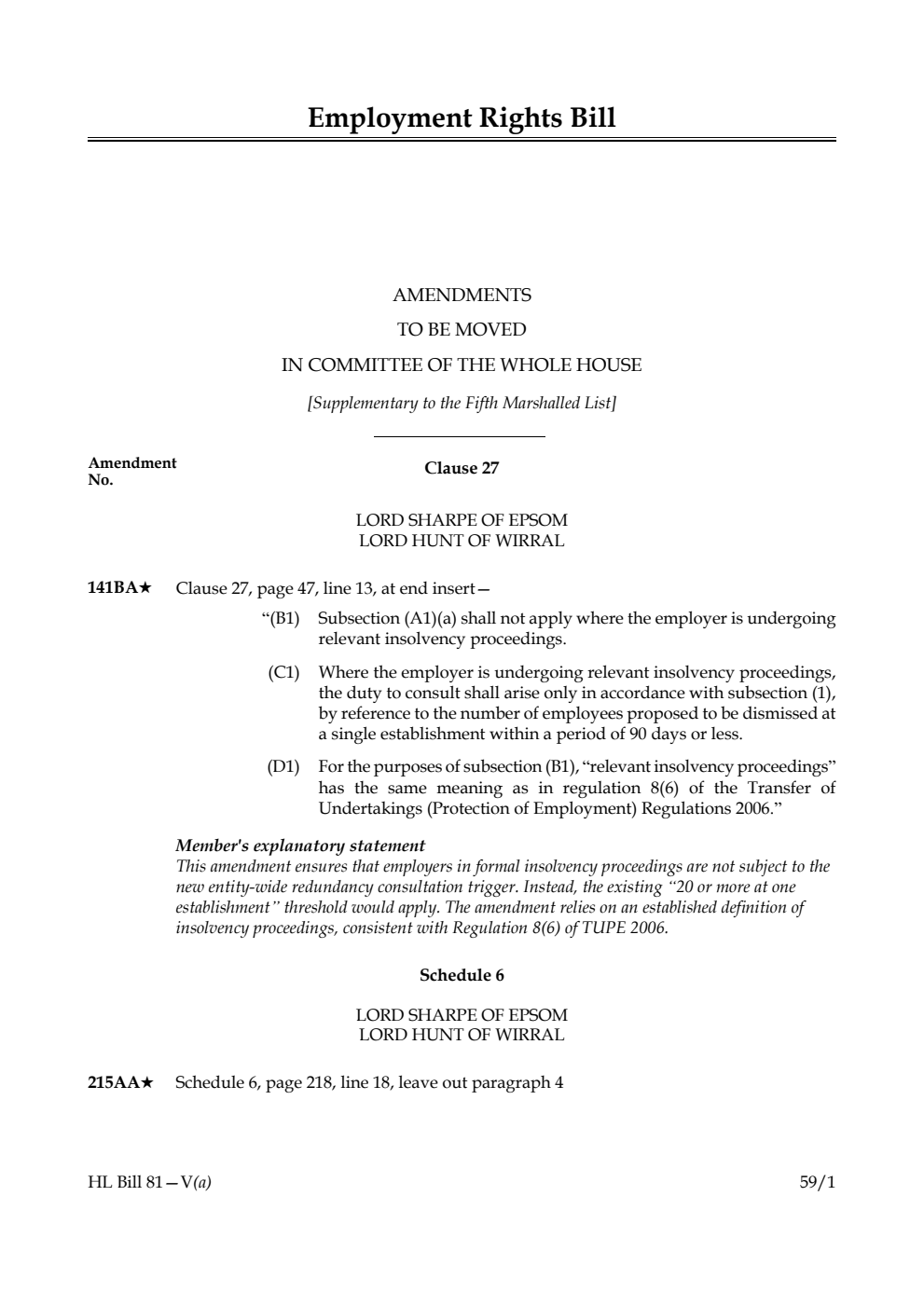 Employment Rights Bill Amendments to be moved in Committee of the Whole House [Supplementary to the Fifth Marshalled List]