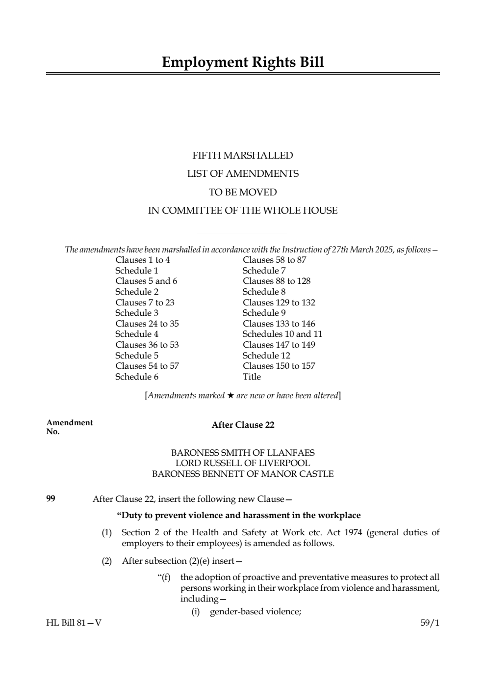 Employment Rights Bill Fifth Marshalled List of amendments to be moved in Committee of the Whole House