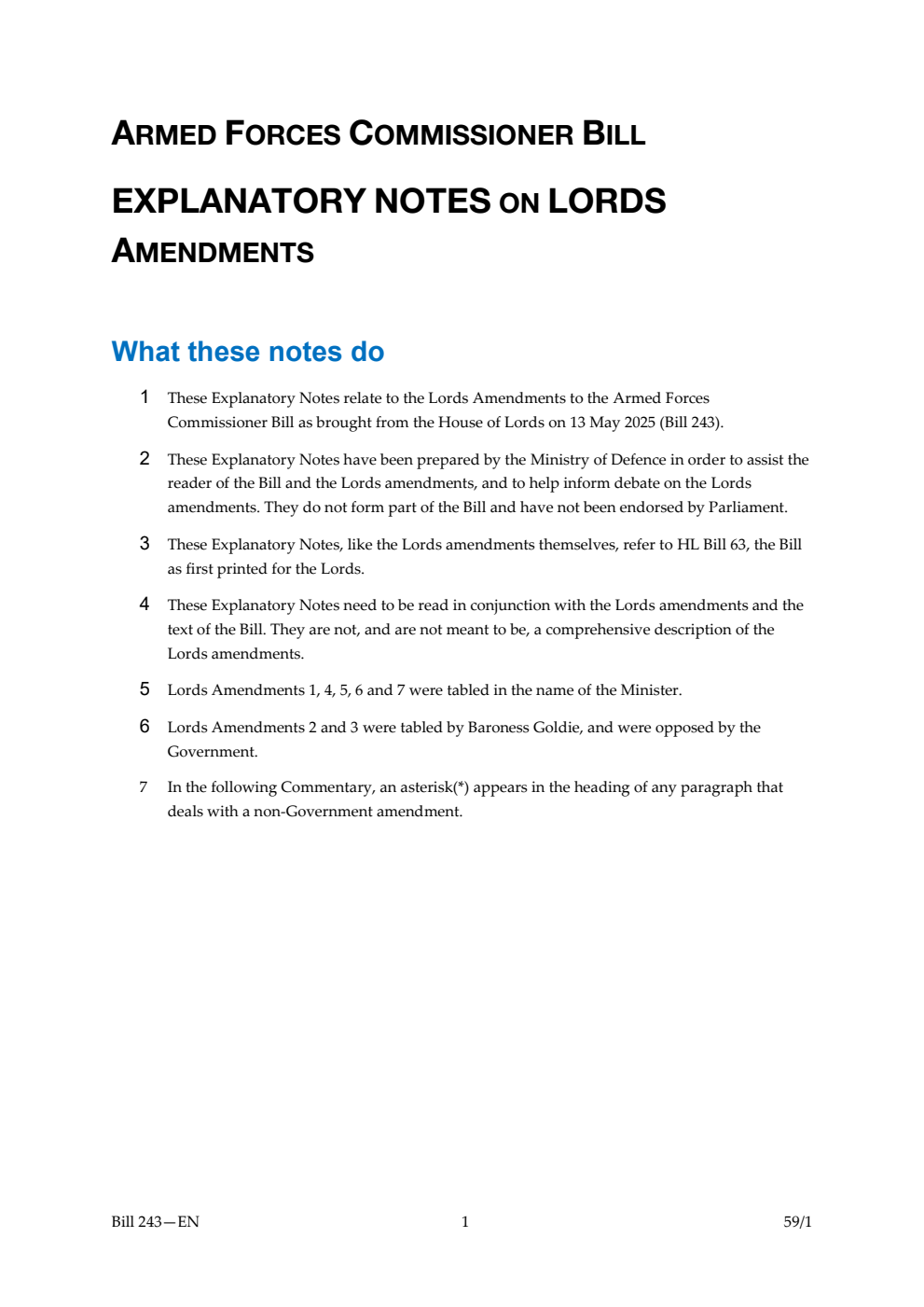 Armed Forces Commissioner Bill Explanatory Notes on Lords Amendments