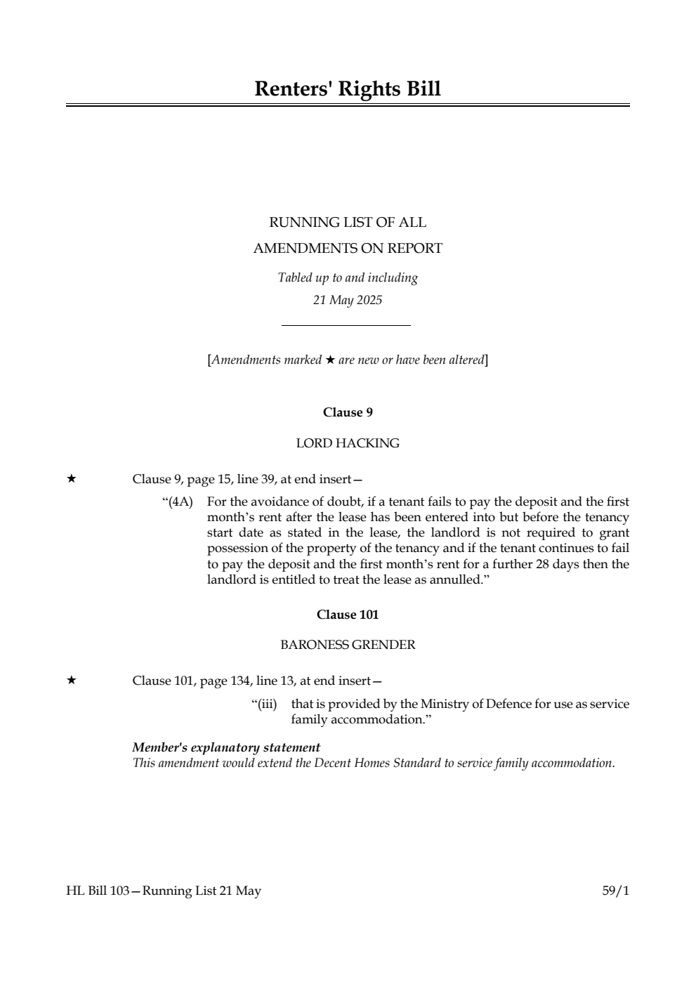 Renters' Rights Bill Running List of all amendments on report tabled up to and including 21 May 2025
