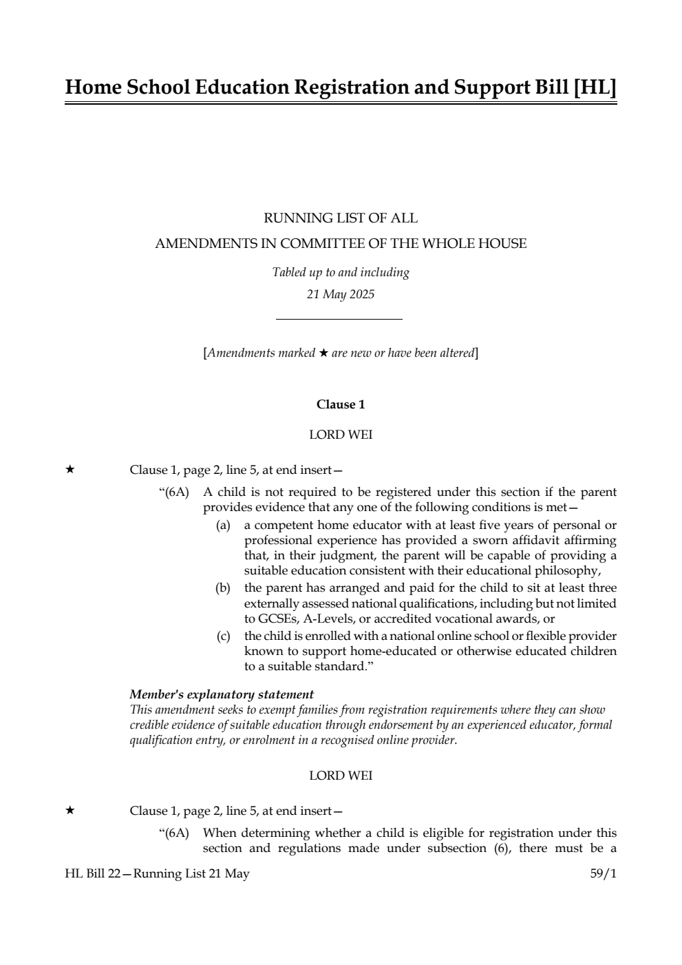 Home School Education Registration and Support Bill Running List of all amendments in Committee of the Whole House tabled up to and including 21 May 2025