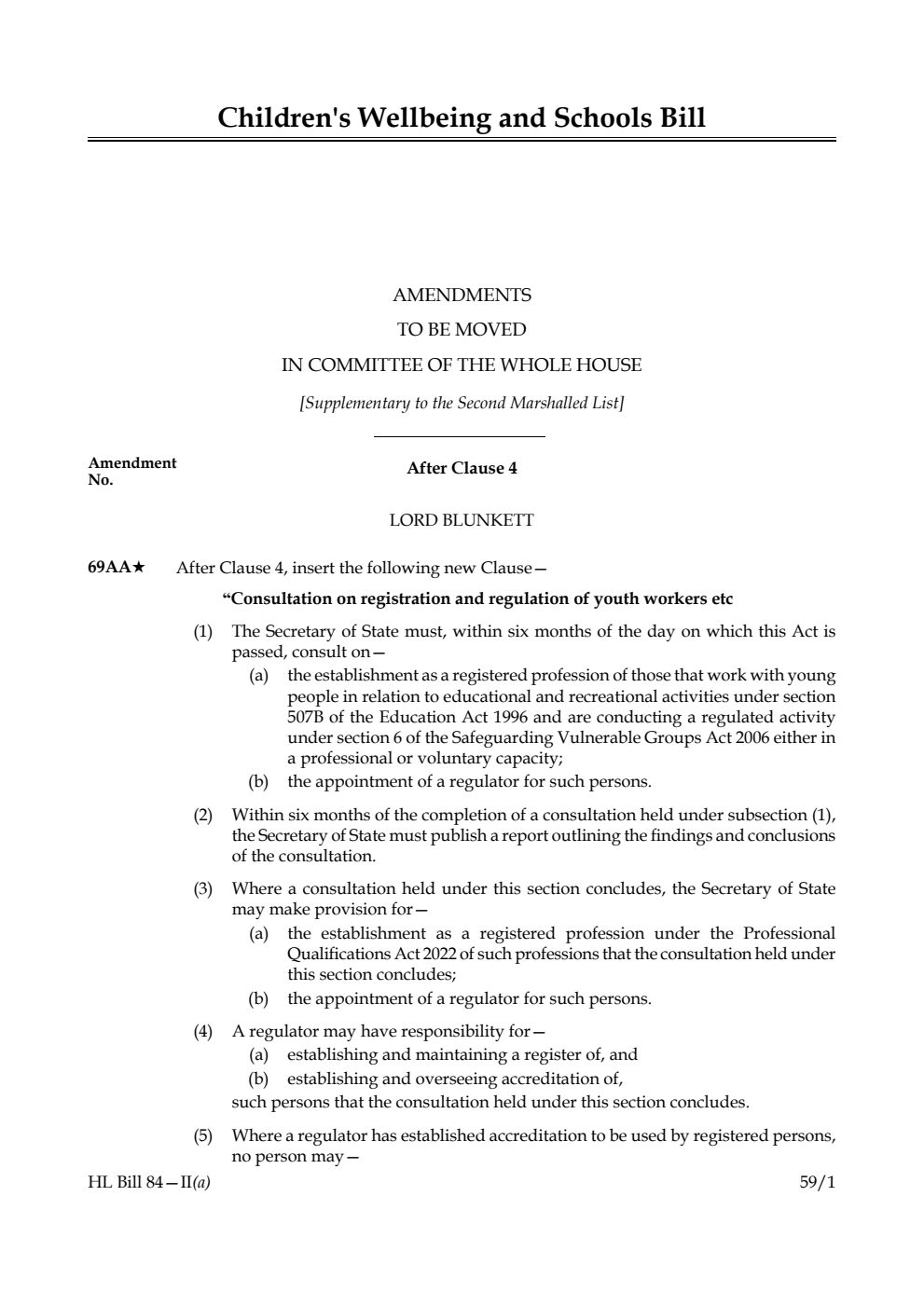 Children's Wellbeing and Schools Bill Amendments to be moved in Committee of the Whole House [Supplementary to the Second Marshalled List]