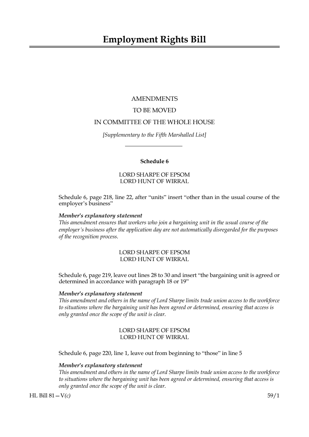 Employment Rights Bill Amendments to be moved in Committee of the Whole House [Supplementary to the Fifth Marshalled List]