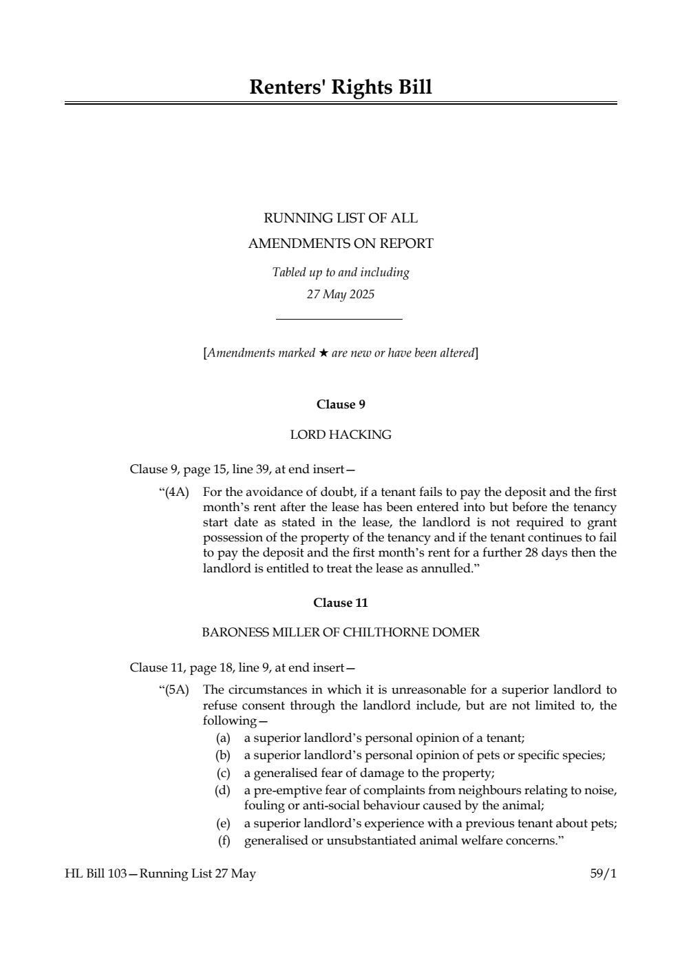 Renters' Rights Bill Running List of all amendments on report tabled up to and including 27 May 2025