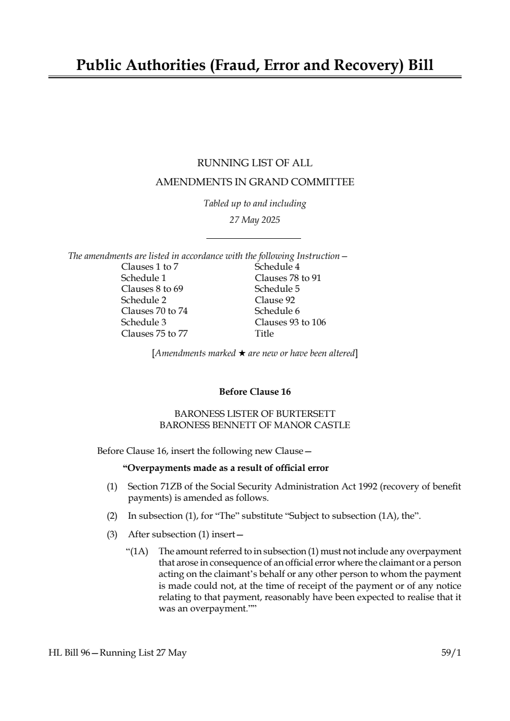 Public Authorities (Fraud, Error and Recovery) Bill Running List of all amendments in Grand Committee tabled up to and including 27 May 2025