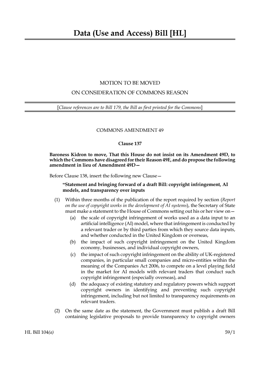 Data (Use and Access) Bill Motion to be moved on consideration of Commons reason