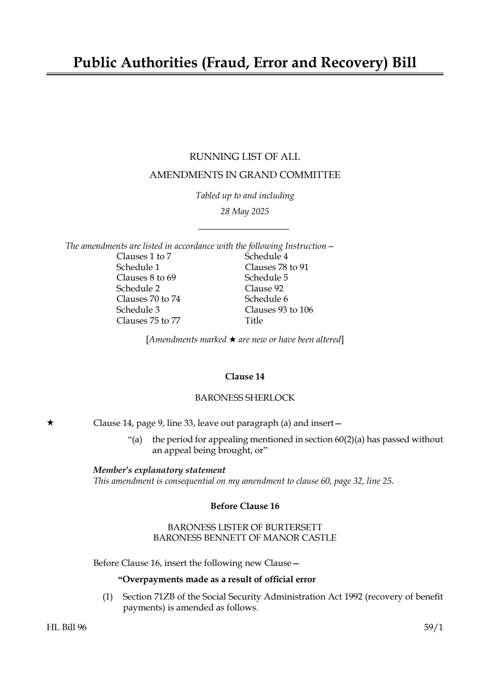 Public Authorities (Fraud, Error and Recovery) Bill Running List of all amendments in Grand Committee tabled up to and including 28 May 2025