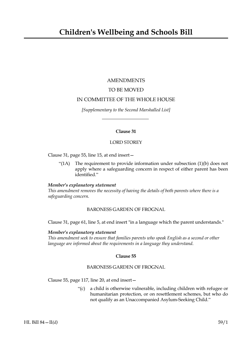 Children's Wellbeing and Schools Bill Amendments to be moved in Committee of the Whole House [Supplementary to the Second Marshalled List] 