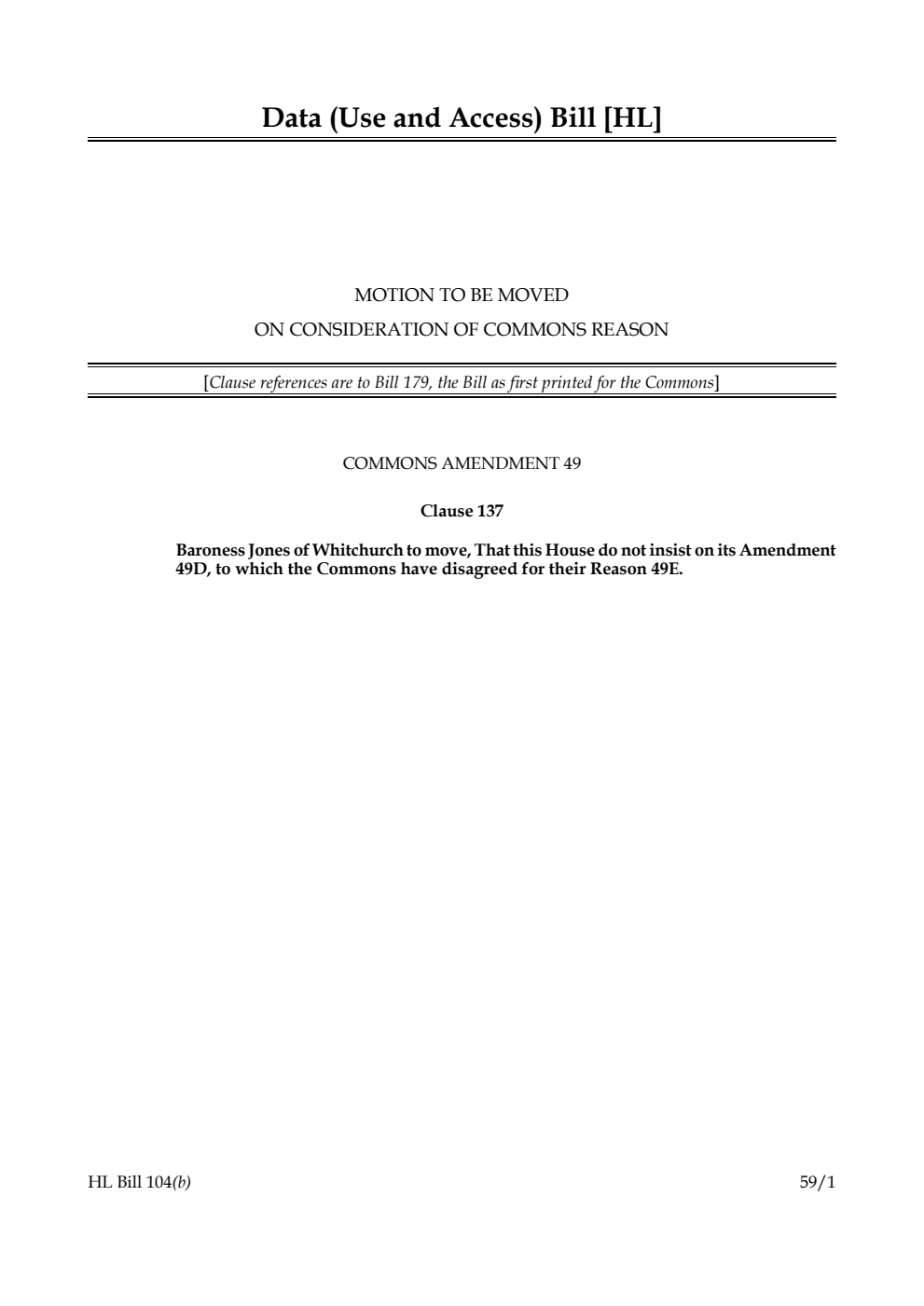 Data (Use and Access) Bill Motion to be moved on consideration of Commons reason