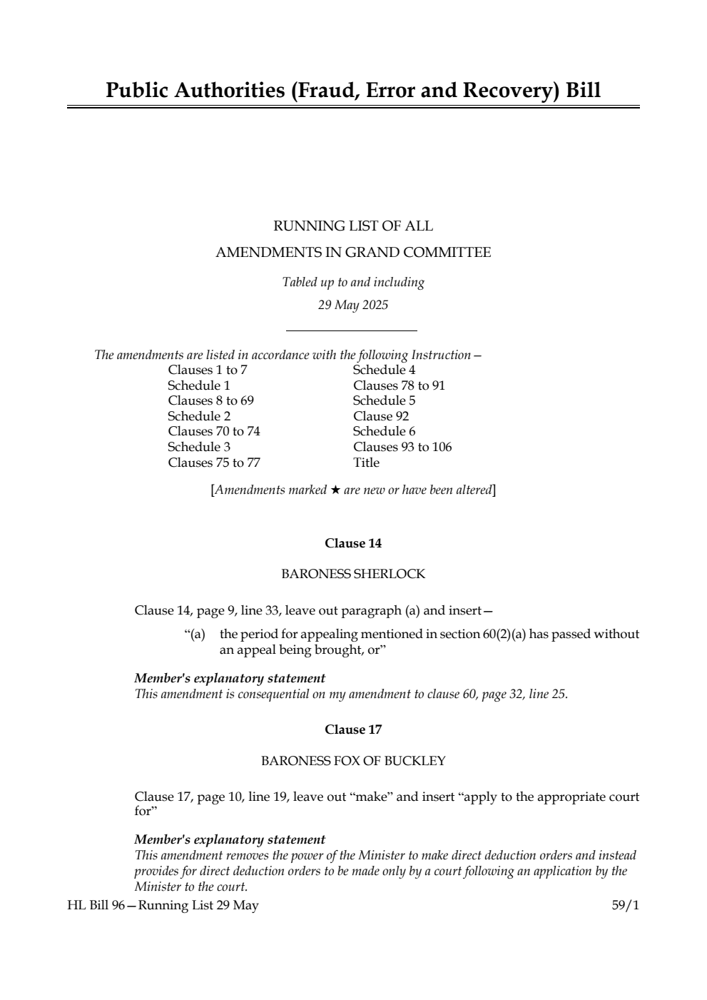 Public Authorities (Fraud, Error and Recovery) Bill Running List of all amendments in Grand Committee tabled up to and including 29 May 2025