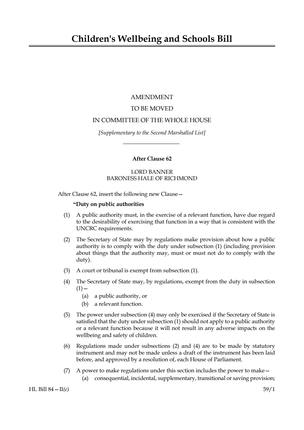 Children's Wellbeing and Schools Bill Amendment to be moved in Committee of the Whole House [Supplementary to the Second Marshalled List]
