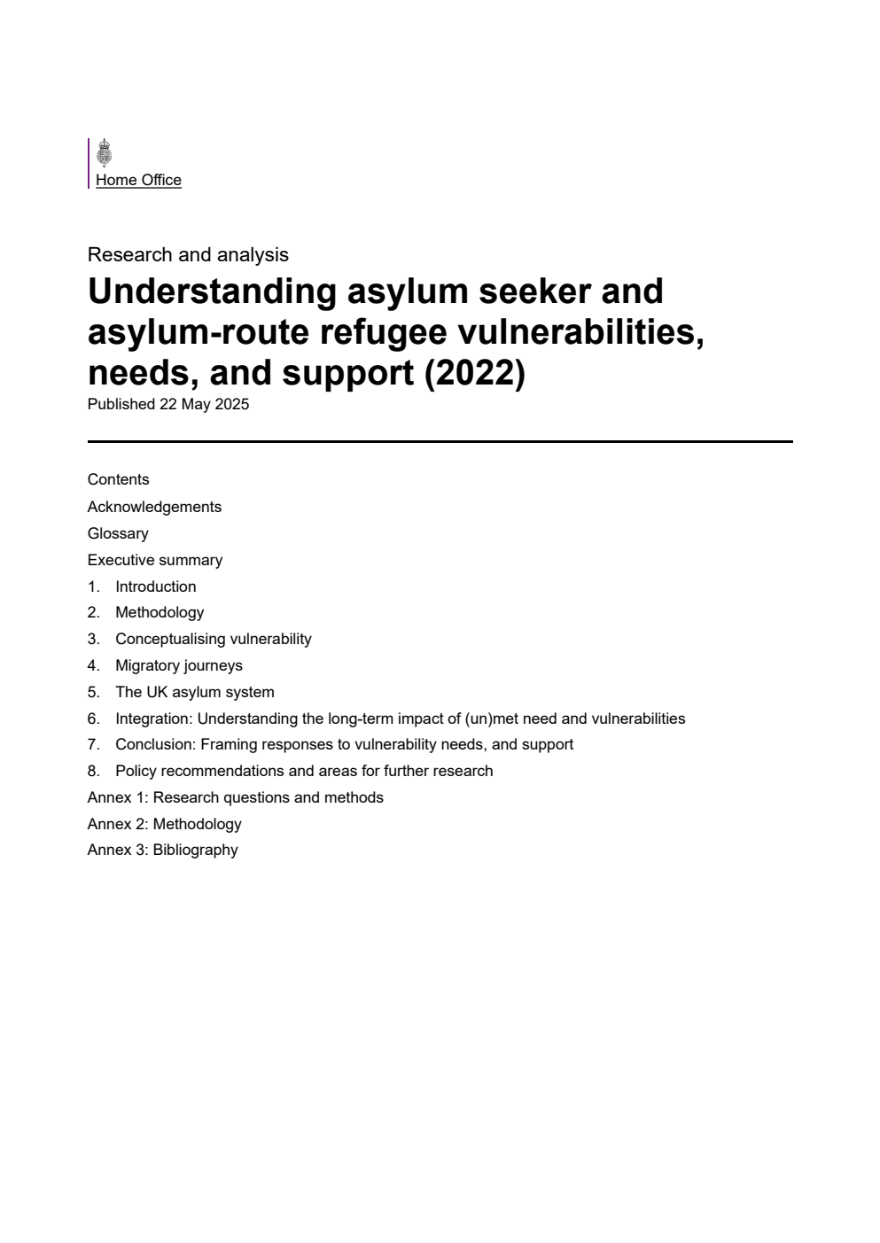 Home Office Research Report Understanding asylum seeker and asylum-route refugee vulnerabilities, needs, and support (2022)