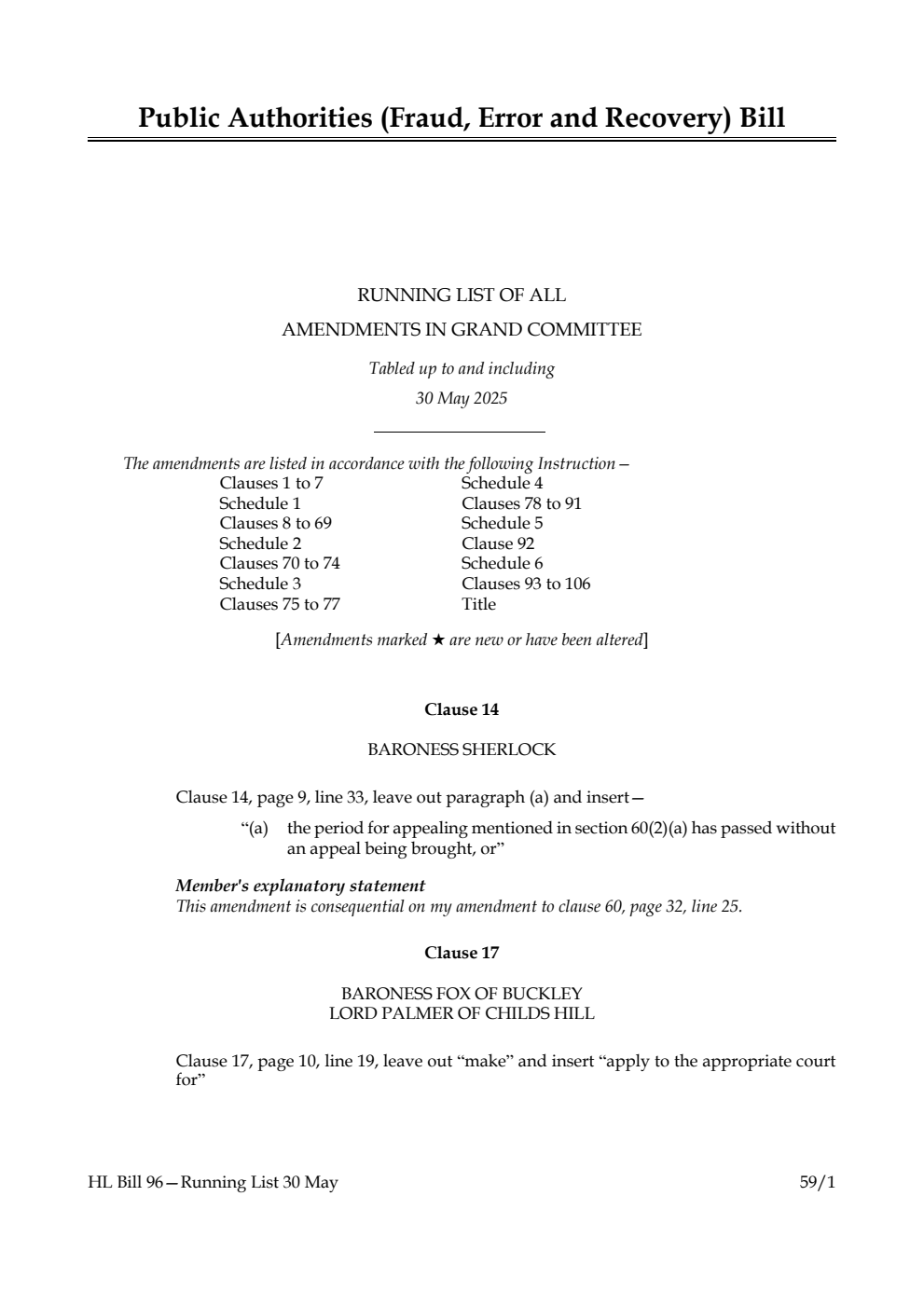 Public Authorities (Fraud, Error and Recovery) Bill Running List of all amendments in Grand Committee tabled up to and including 30 May 2025