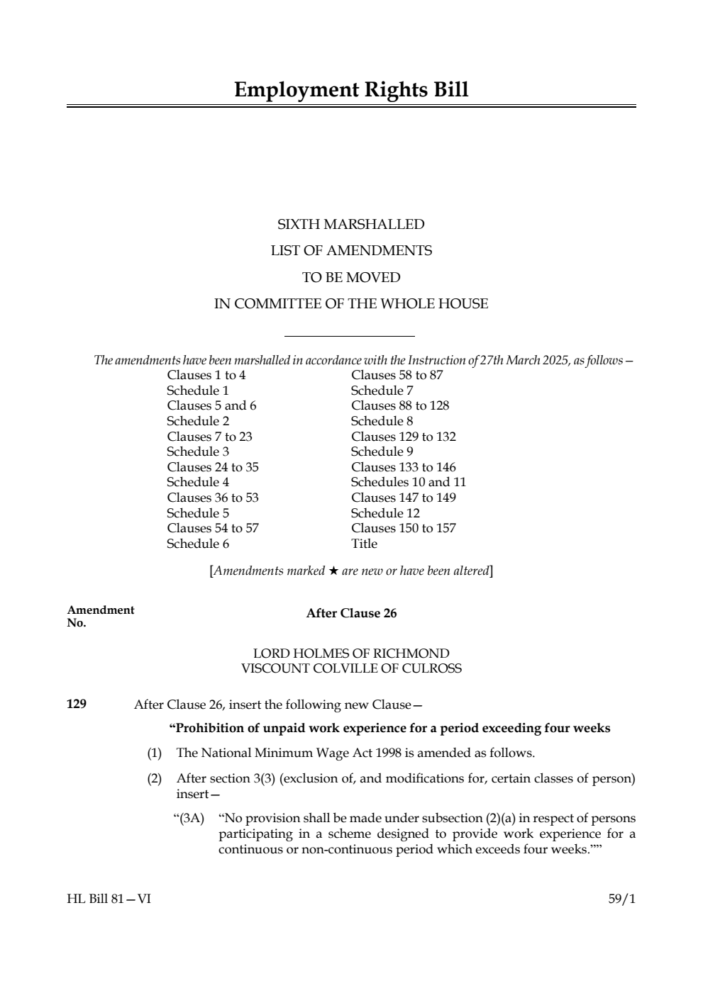 Employment Rights Bill Sixth Marshalled List of amendments to be moved in Committee of the Whole House