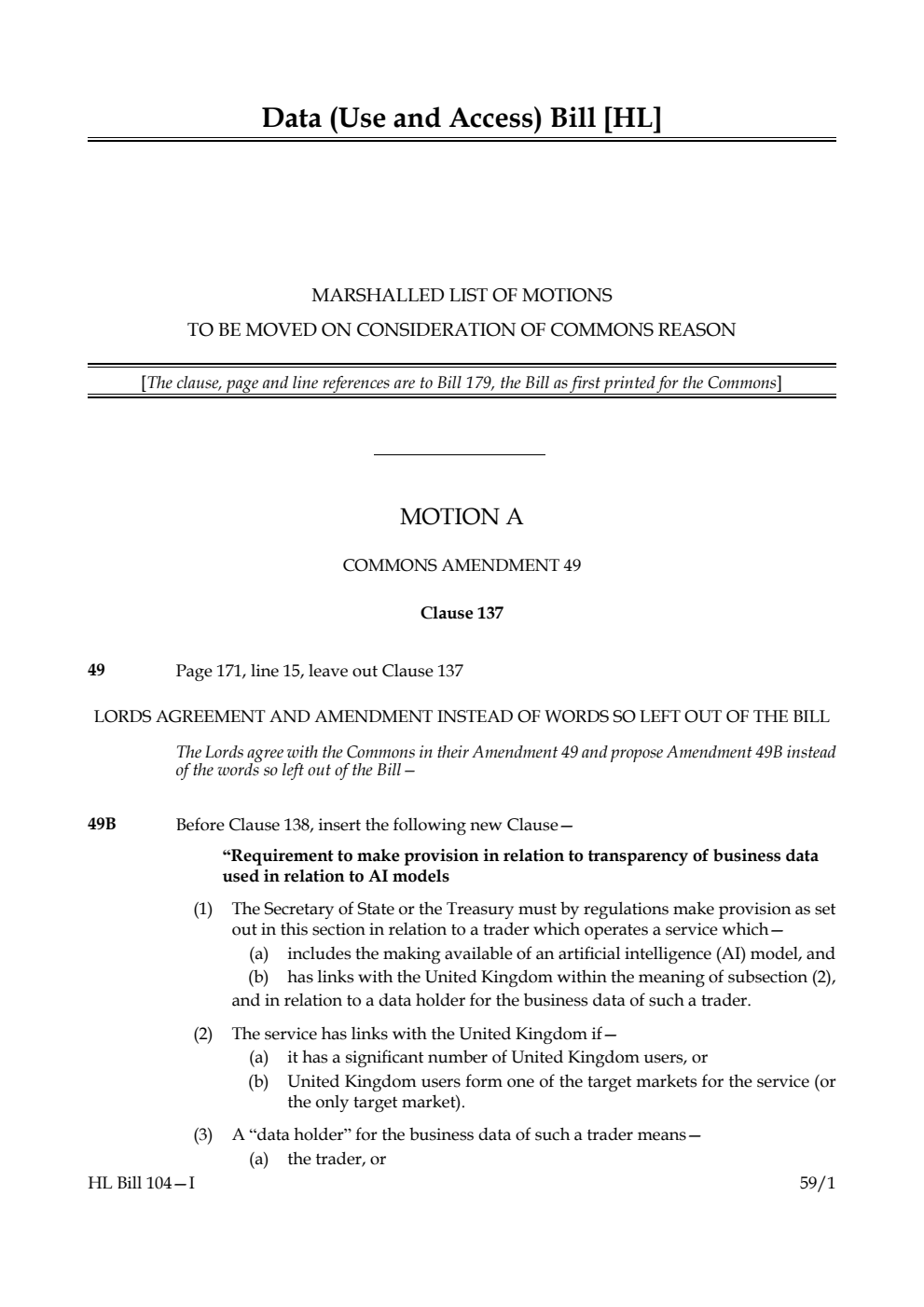 Data (Use and Access) Bill Marshalled List of motions to be moved on consideration of Commons reason