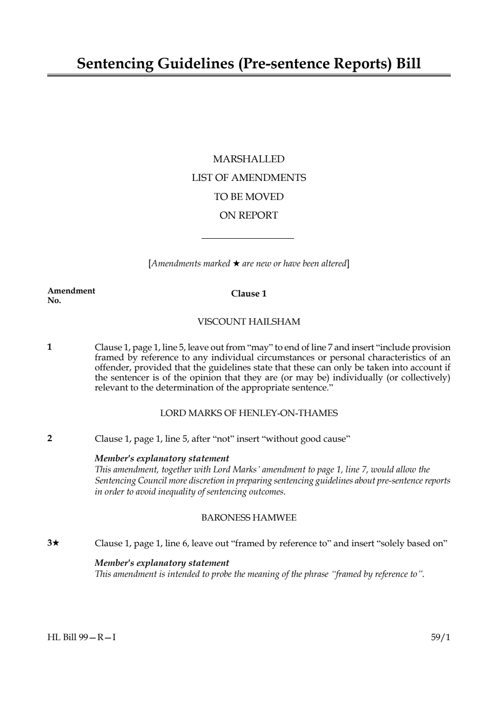 Sentencing Guidelines (Pre-sentence Reports) Bill Marshalled List of amendments to be moved on report
