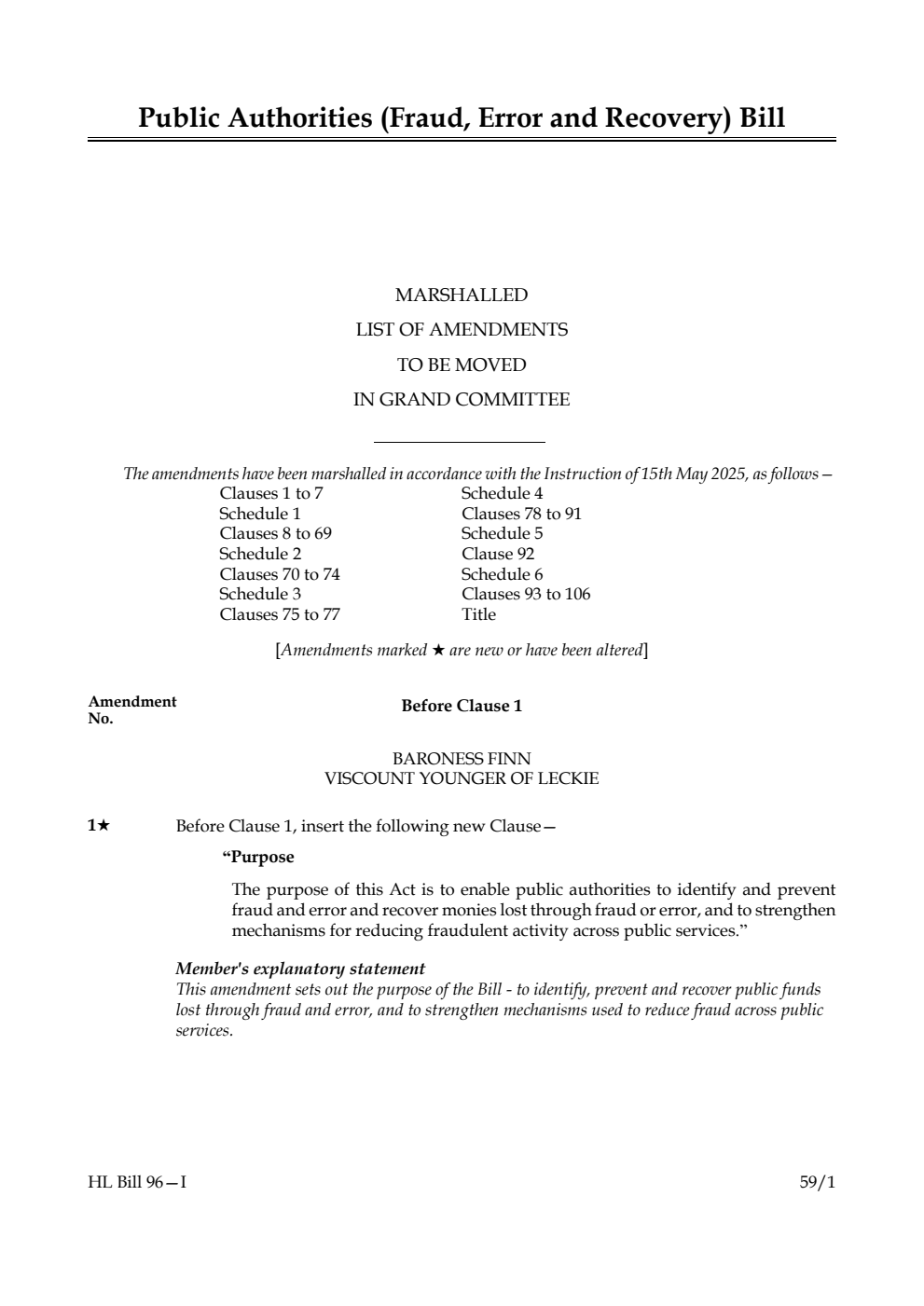 Public Authorities (Fraud, Error and Recovery) Bill Marshalled List of amendments to be moved in Grand Committee