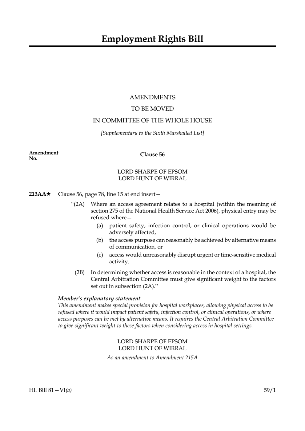 Employment Rights Bill Amendments to be moved in Committee of the Whole House [Supplementary to the Sixth Marshalled List] 