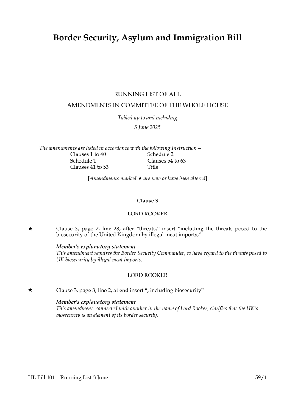 Border Security, Asylum and Immigration Bill Running List of all amendments in Committee of the Whole House tabled up to and including 3 June 2025